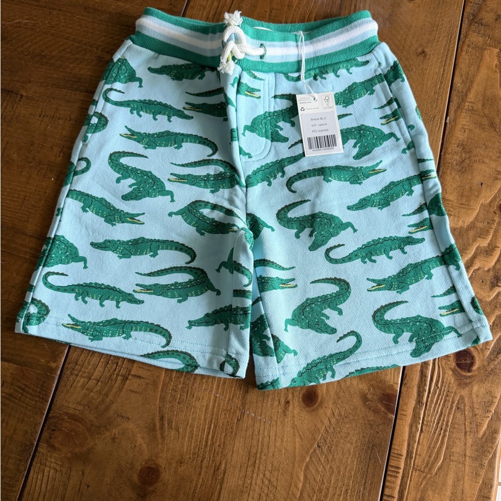 Mini Boden Light Blue Knit Shorts with Green Alligator Print